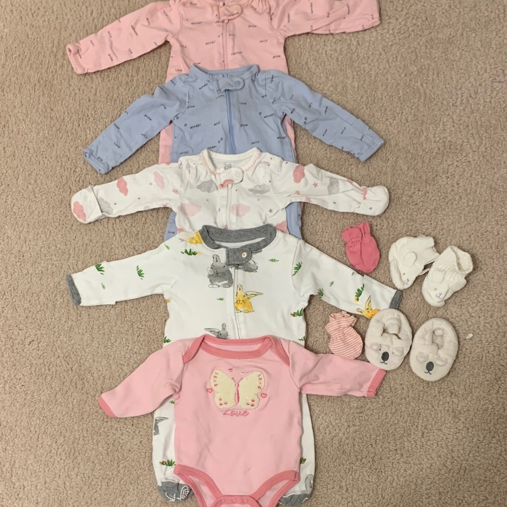 Bundle of newborn onesies:  Pink, Blue, and White Baby Footies Set